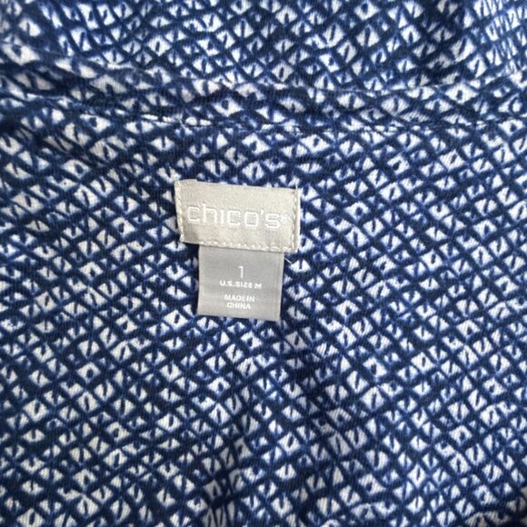 Chico's Womens Blue & White Geometric Balloon Sleeve V-Neck Top Size 1, Medium - Picture 3 of 8